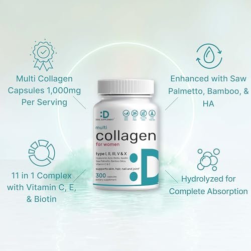 Multi-Kollagen-Pillen für Frauen & Männer mit Vitamin C, E & Biotin – 300 Kapseln – Typ I, II, III, V, X hydrolysierte Kollagenpeptide – 11-in-1 Formel mit Sägepalme, Bambus-Silica & Hyaluronsäure