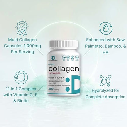 Multi-Kollagen-Pillen für Frauen & Männer mit Vitamin C, E & Biotin – 300 Kapseln – Typ I, II, III, V, X hydrolysierte Kollagenpeptide – 11-in-1 Formel mit Sägepalme, Bambus-Silica & Hyaluronsäure