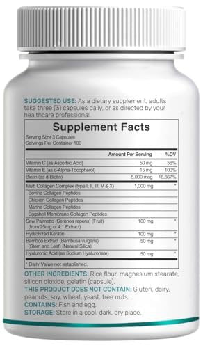 Multi-Kollagen-Pillen für Frauen & Männer mit Vitamin C, E & Biotin – 300 Kapseln – Typ I, II, III, V, X hydrolysierte Kollagenpeptide – 11-in-1 Formel mit Sägepalme, Bambus-Silica & Hyaluronsäure
