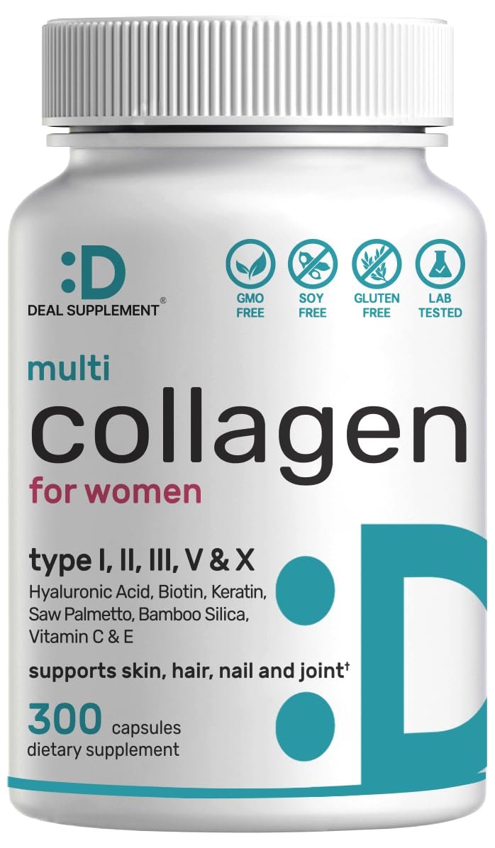Multi-Kollagen-Pillen für Frauen & Männer mit Vitamin C, E & Biotin – 300 Kapseln – Typ I, II, III, V, X hydrolysierte Kollagenpeptide – 11-in-1 Formel mit Sägepalme, Bambus-Silica & Hyaluronsäure