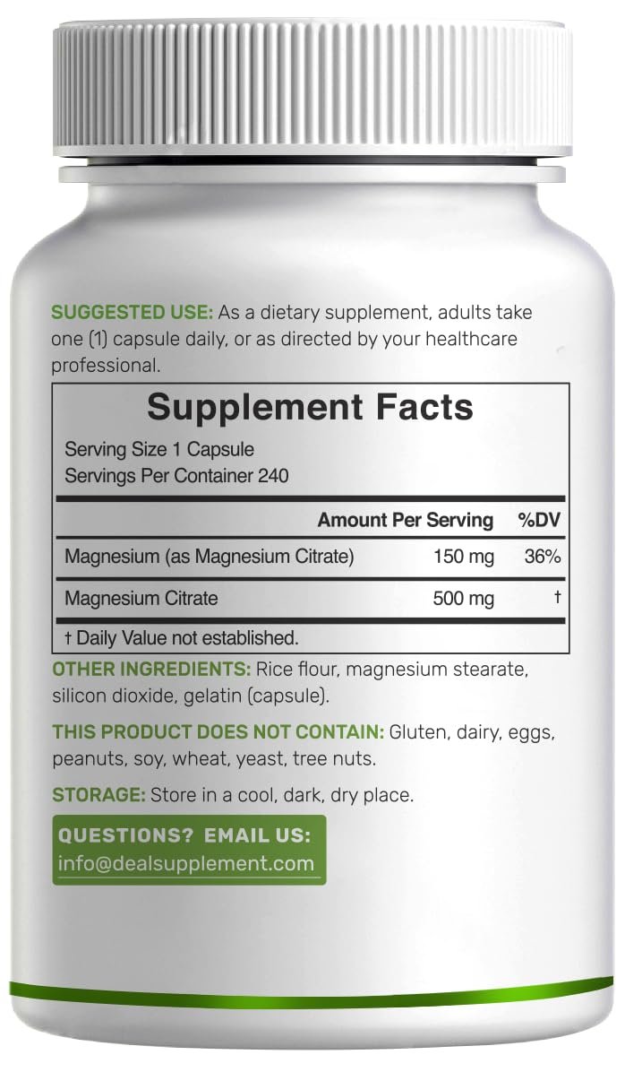 DEAL SUPPLEMENT Magnesiumcitrat 500mg, 240 Kapseln | Leicht absorbierbares, gereinigtes Spurenelement – 1 Kapsel täglich, Non-GMO