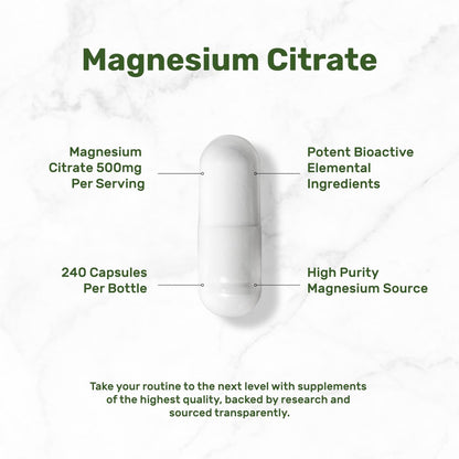 DEAL SUPPLEMENT Magnesiumcitrat 500mg, 240 Kapseln | Leicht absorbierbares, gereinigtes Spurenelement – 1 Kapsel täglich, Non-GMO