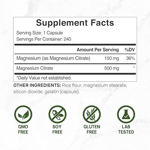 DEAL SUPPLEMENT Magnesiumcitrat 500mg, 240 Kapseln | Leicht absorbierbares, gereinigtes Spurenelement – 1 Kapsel täglich, Non-GMO