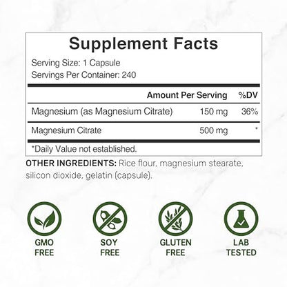 DEAL SUPPLEMENT Magnesiumcitrat 500mg, 240 Kapseln | Leicht absorbierbares, gereinigtes Spurenelement – 1 Kapsel täglich, Non-GMO
