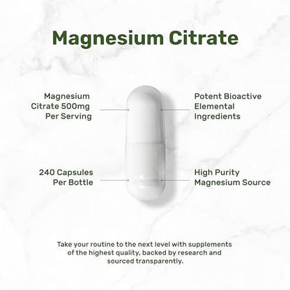 DEAL SUPPLEMENT Magnesiumcitrat 500mg, 240 Kapseln | Leicht absorbierbares, gereinigtes Spurenelement – 1 Kapsel täglich, Non-GMO