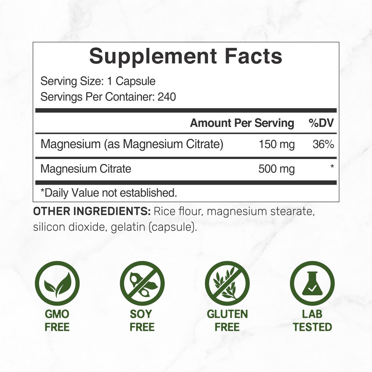 DEAL SUPPLEMENT Magnesiumcitrat 500mg, 240 Kapseln | Leicht absorbierbares, gereinigtes Spurenelement – 1 Kapsel täglich, Non-GMO