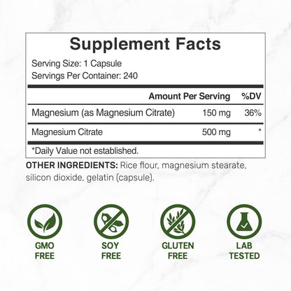 DEAL SUPPLEMENT Magnesiumcitrat 500mg, 240 Kapseln | Leicht absorbierbares, gereinigtes Spurenelement – 1 Kapsel täglich, Non-GMO