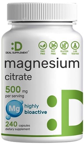 DEAL SUPPLEMENT Magnesiumcitrat 500mg, 240 Kapseln | Leicht absorbierbares, gereinigtes Spurenelement – 1 Kapsel täglich, Non-GMO