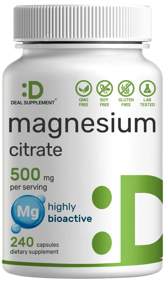 DEAL SUPPLEMENT Magnesiumcitrat 500mg, 240 Kapseln | Leicht absorbierbares, gereinigtes Spurenelement – 1 Kapsel täglich, Non-GMO