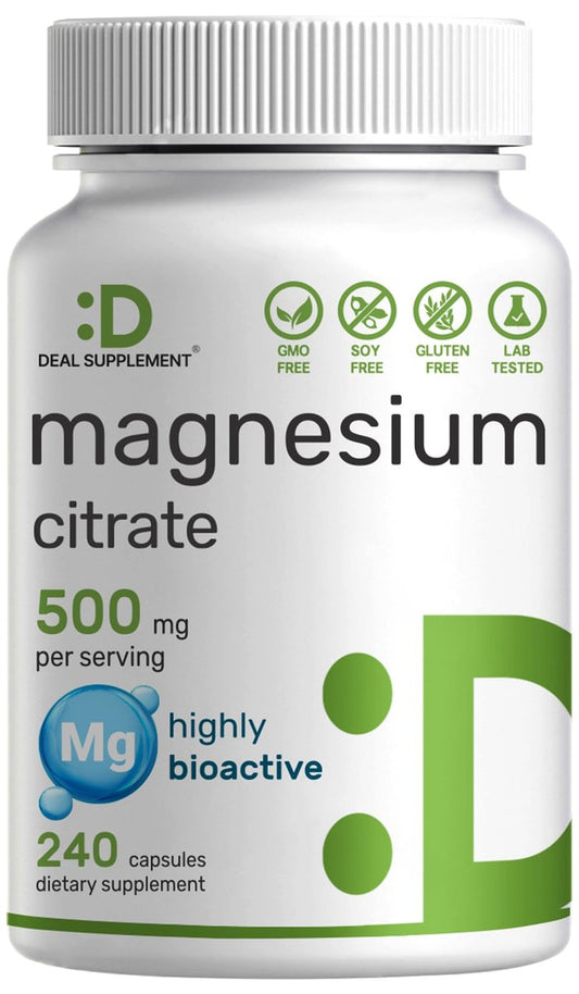 DEAL SUPPLEMENT Magnesiumcitrat 500mg, 240 Kapseln | Leicht absorbierbares, gereinigtes Spurenelement – 1 Kapsel täglich, Non-GMO