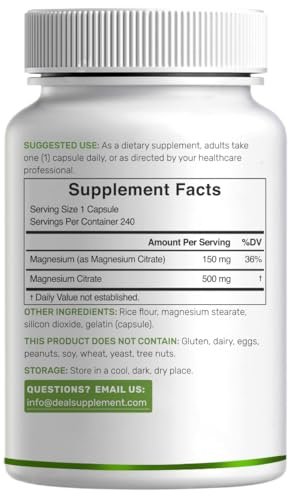 DEAL SUPPLEMENT Magnesiumcitrat 500mg, 240 Kapseln | Leicht absorbierbares, gereinigtes Spurenelement – 1 Kapsel täglich, Non-GMO
