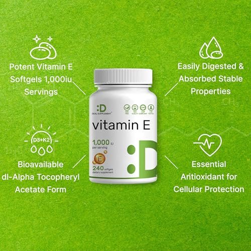 Vitamin E Kapseln, 1.000 IE pro Portion, 240 Weichkapseln – Extra starke antioxidative Unterstützung – Bioverfügbare stabile Form – Für Haut, Herz, Gehirn & Immunsystem – Nicht-GVO