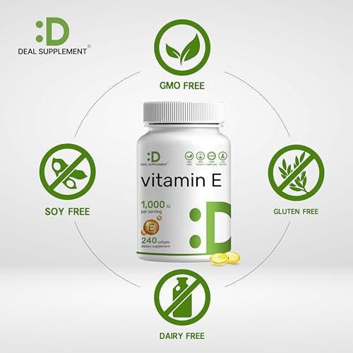 Vitamin E Kapseln, 1.000 IE pro Portion, 240 Weichkapseln – Extra starke antioxidative Unterstützung – Bioverfügbare stabile Form – Für Haut, Herz, Gehirn & Immunsystem – Nicht-GVO