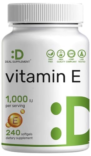 Vitamin E Kapseln, 1.000 IE pro Portion, 240 Weichkapseln – Extra starke antioxidative Unterstützung – Bioverfügbare stabile Form – Für Haut, Herz, Gehirn & Immunsystem – Nicht-GVO