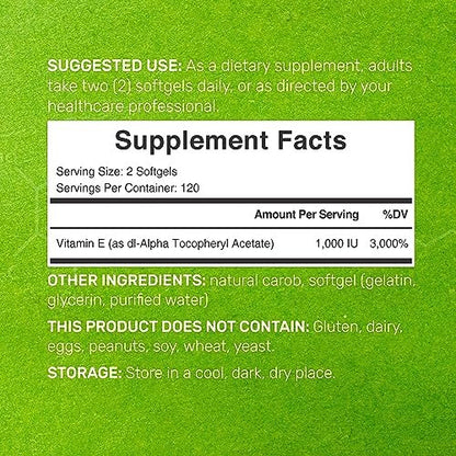 Vitamin E Kapseln, 1.000 IE pro Portion, 240 Weichkapseln – Extra starke antioxidative Unterstützung – Bioverfügbare stabile Form – Für Haut, Herz, Gehirn & Immunsystem – Nicht-GVO