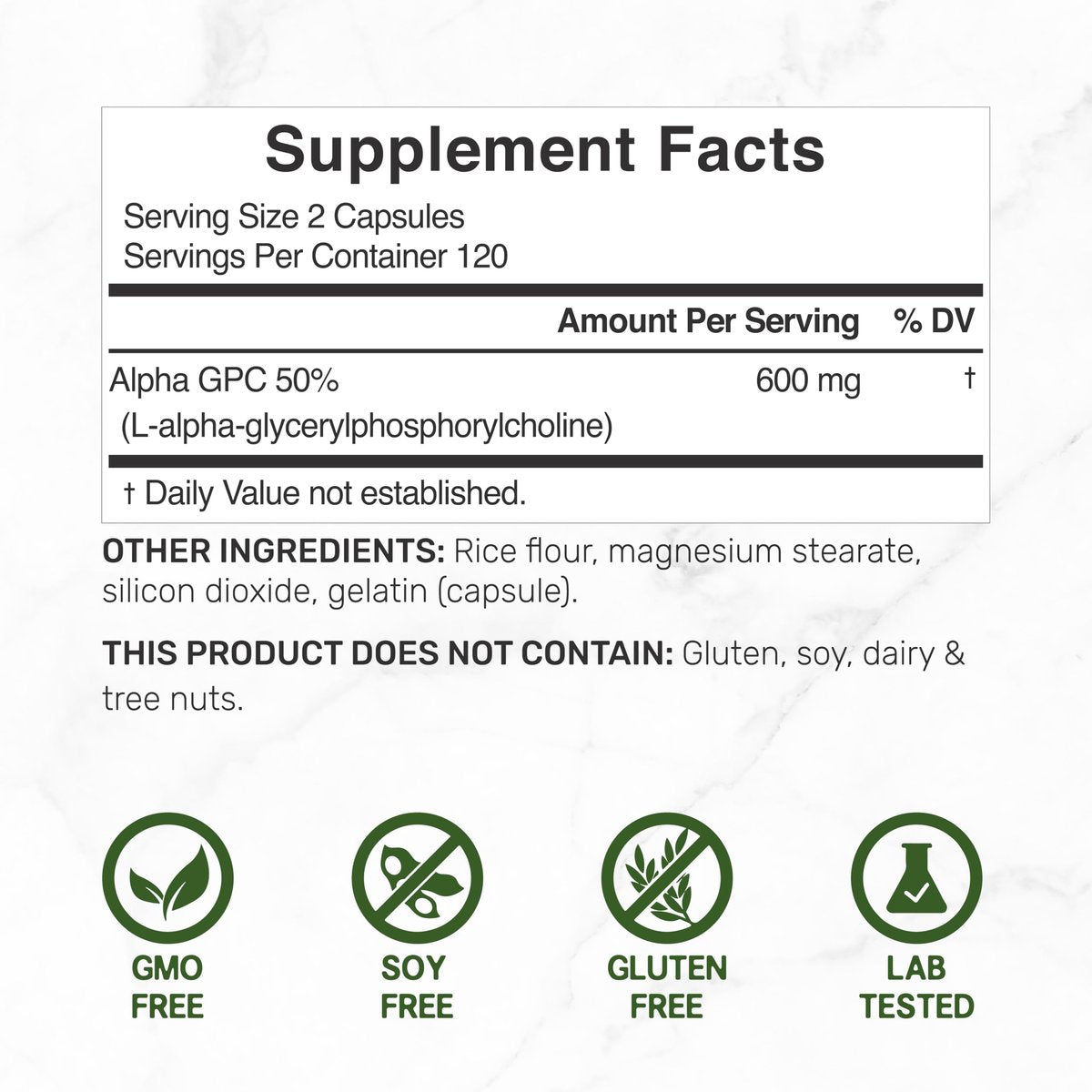 DEAL SUPPLEMENT Alpha GPC 600 mg pro Portion, 240 Kapseln – Cholin-Ergänzung – 120 Portionen – Non-GMO, Glutenfrei