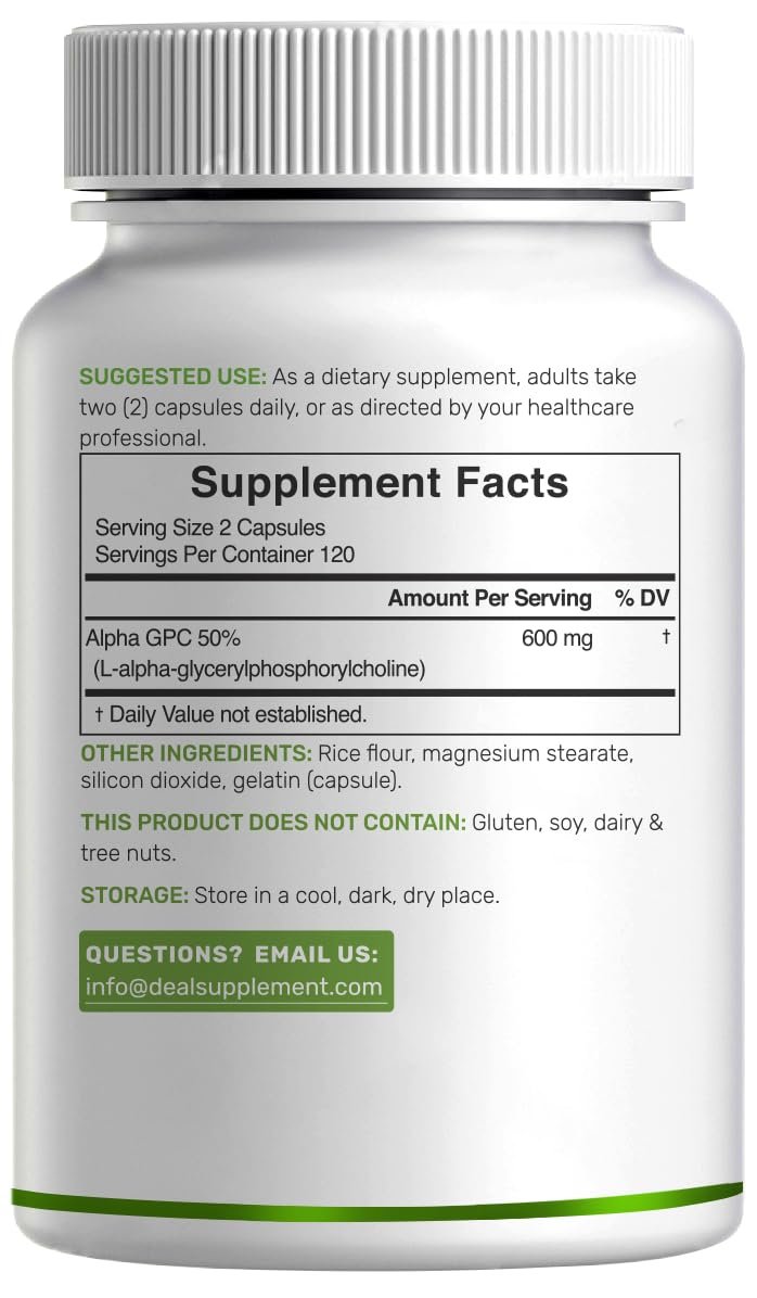 DEAL SUPPLEMENT Alpha GPC 600 mg pro Portion, 240 Kapseln – Cholin-Ergänzung – 120 Portionen – Non-GMO, Glutenfrei