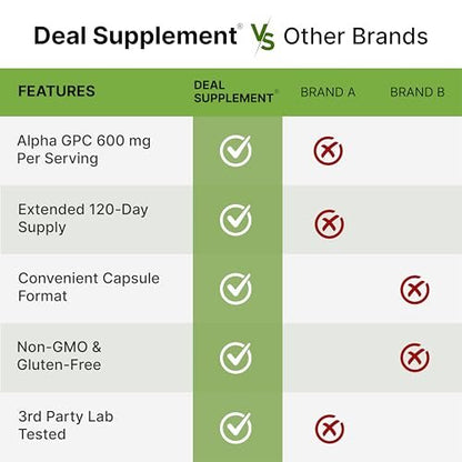 DEAL SUPPLEMENT Alpha GPC 600 mg pro Portion, 240 Kapseln – Cholin-Ergänzung – 120 Portionen – Non-GMO, Glutenfrei