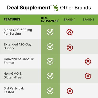 DEAL SUPPLEMENT Alpha GPC 600 mg pro Portion, 240 Kapseln – Cholin-Ergänzung – 120 Portionen – Non-GMO, Glutenfrei