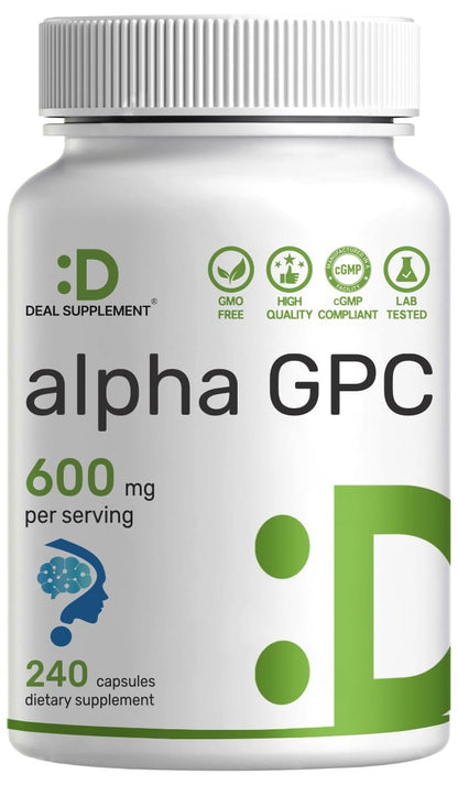 DEAL SUPPLEMENT Alpha GPC 600 mg pro Portion, 240 Kapseln – Cholin-Ergänzung – 120 Portionen – Non-GMO, Glutenfrei