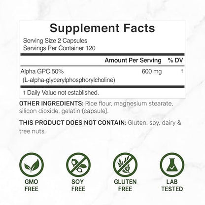 DEAL SUPPLEMENT Alpha GPC 600 mg pro Portion, 240 Kapseln – Cholin-Ergänzung – 120 Portionen – Non-GMO, Glutenfrei