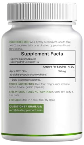 DEAL SUPPLEMENT Alpha GPC 600 mg pro Portion, 240 Kapseln – Cholin-Ergänzung – 120 Portionen – Non-GMO, Glutenfrei
