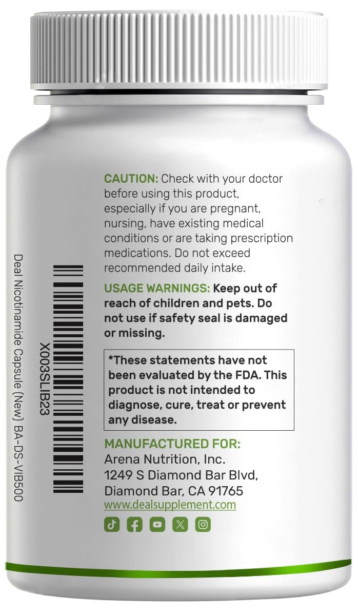 Vitamin B3 Nicotinamid 1.000 mg pro Portion – 500 Kapseln, flushfreies Niacin, essentielles B3 – Unterstützt gesunde Haut & Energieproduktion – Non-GMO