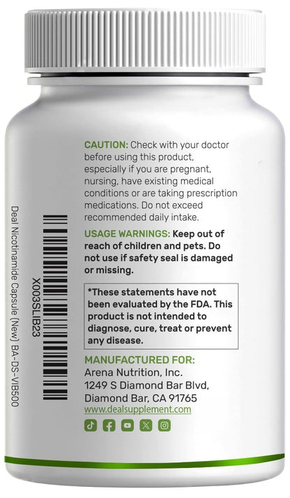 Vitamin B3 Nicotinamid 1.000 mg pro Portion – 500 Kapseln, flushfreies Niacin, essentielles B3 – Unterstützt gesunde Haut & Energieproduktion – Non-GMO