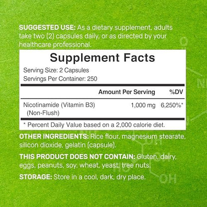 Vitamin B3 Nicotinamid 1.000 mg pro Portion – 500 Kapseln, flushfreies Niacin, essentielles B3 – Unterstützt gesunde Haut & Energieproduktion – Non-GMO