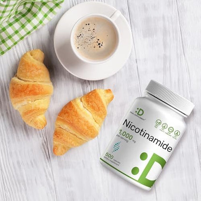 Vitamin B3 Nicotinamid 1.000 mg pro Portion – 500 Kapseln, flushfreies Niacin, essentielles B3 – Unterstützt gesunde Haut & Energieproduktion – Non-GMO