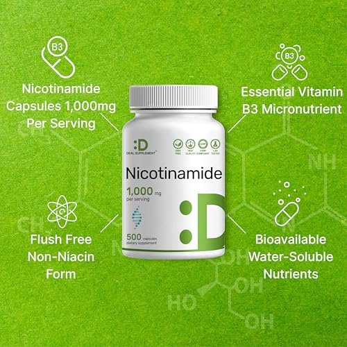 Vitamin B3 Nicotinamid 1.000 mg pro Portion – 500 Kapseln, flushfreies Niacin, essentielles B3 – Unterstützt gesunde Haut & Energieproduktion – Non-GMO