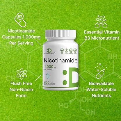 Vitamin B3 Nicotinamid 1.000 mg pro Portion – 500 Kapseln, flushfreies Niacin, essentielles B3 – Unterstützt gesunde Haut & Energieproduktion – Non-GMO