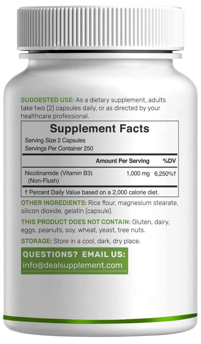 Vitamin B3 Nicotinamid 1.000 mg pro Portion – 500 Kapseln, flushfreies Niacin, essentielles B3 – Unterstützt gesunde Haut & Energieproduktion – Non-GMO