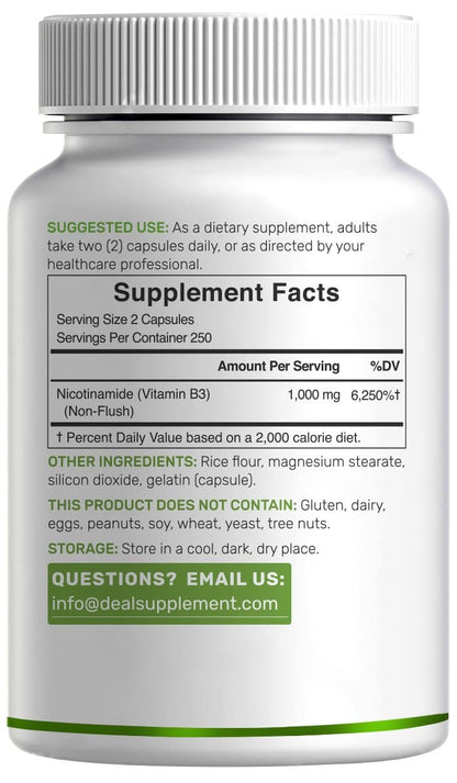 Vitamin B3 Nicotinamid 1.000 mg pro Portion – 500 Kapseln, flushfreies Niacin, essentielles B3 – Unterstützt gesunde Haut & Energieproduktion – Non-GMO