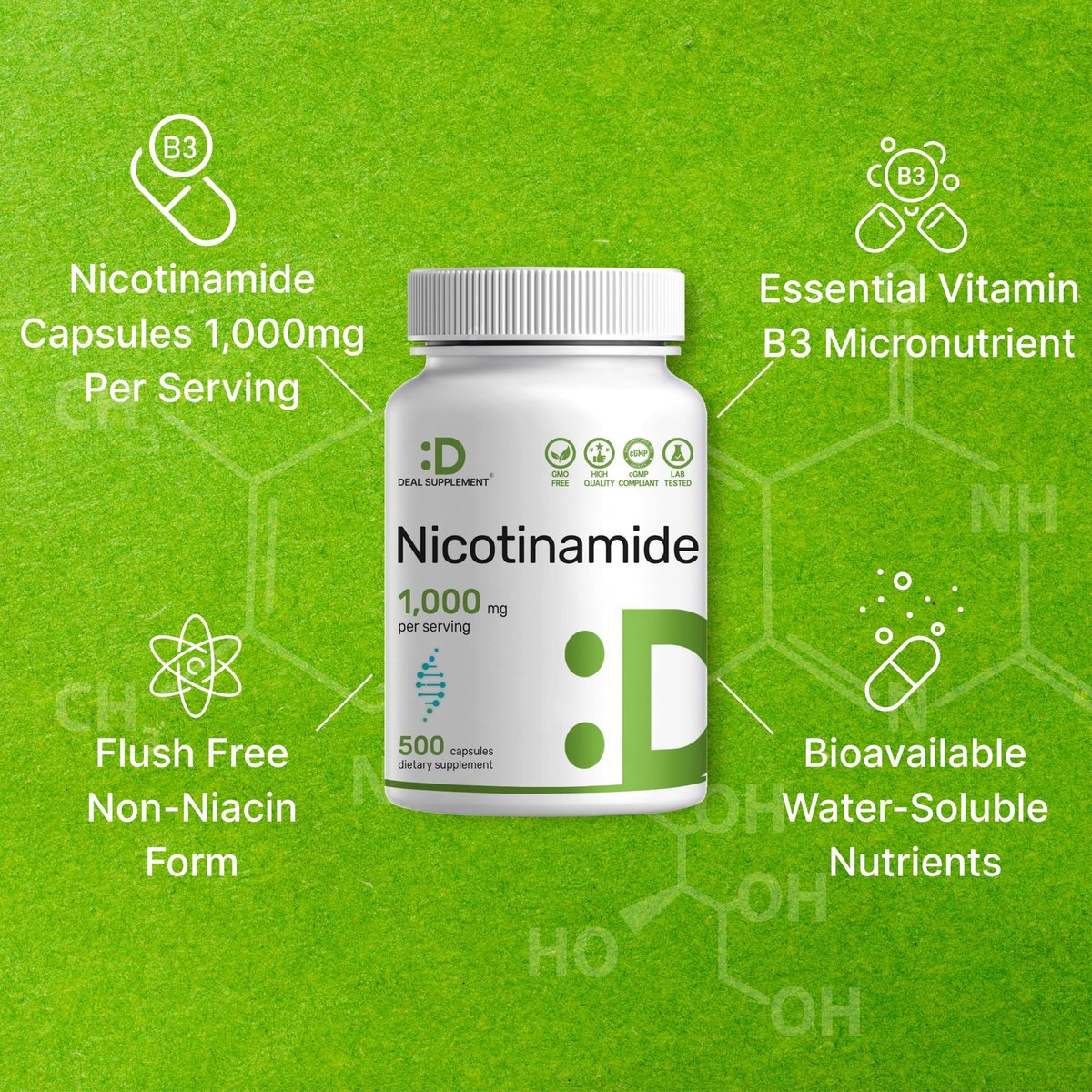 Vitamin B3 Nicotinamid 1.000 mg pro Portion – 500 Kapseln, flushfreies Niacin, essentielles B3 – Unterstützt gesunde Haut & Energieproduktion – Non-GMO