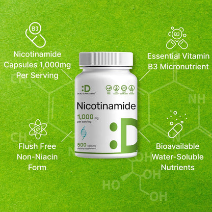Vitamin B3 Nicotinamid 1.000 mg pro Portion – 500 Kapseln, flushfreies Niacin, essentielles B3 – Unterstützt gesunde Haut & Energieproduktion – Non-GMO