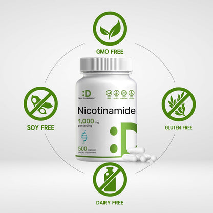 Vitamin B3 Nicotinamid 1.000 mg pro Portion – 500 Kapseln, flushfreies Niacin, essentielles B3 – Unterstützt gesunde Haut & Energieproduktion – Non-GMO
