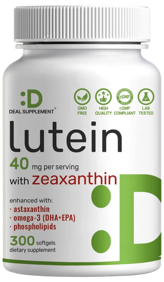 Lutein & Zeaxanthin Kapseln 40 mg pro Portion, 300 Weichkapseln – Plus Astaxanthin, Omega-3 & Phospholipide – Nicht-GVO