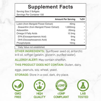 Lutein & Zeaxanthin Kapseln 40 mg pro Portion, 300 Weichkapseln – Plus Astaxanthin, Omega-3 & Phospholipide – Nicht-GVO