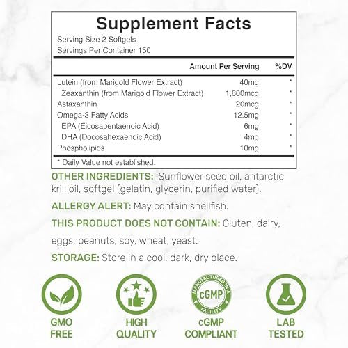 Lutein & Zeaxanthin Kapseln 40 mg pro Portion, 300 Weichkapseln – Plus Astaxanthin, Omega-3 & Phospholipide – Nicht-GVO