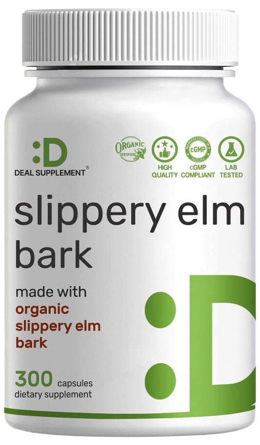 DEAL SUPPLEMENT Slippery Elm Kapseln – 300 Stück, mit Bio-Innenrindenpulver-Extrakt – Natürliches Kraut zur Beruhigung von Hals und Verdauung – Non-GMO