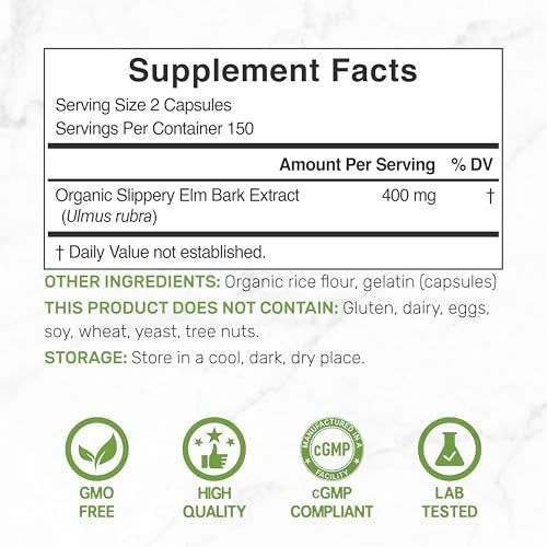 DEAL SUPPLEMENT Slippery Elm Kapseln – 300 Stück, mit Bio-Innenrindenpulver-Extrakt – Natürliches Kraut zur Beruhigung von Hals und Verdauung – Non-GMO