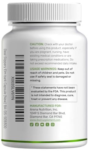 DEAL SUPPLEMENT Slippery Elm Kapseln – 300 Stück, mit Bio-Innenrindenpulver-Extrakt – Natürliches Kraut zur Beruhigung von Hals und Verdauung – Non-GMO