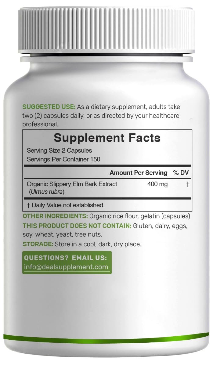 DEAL SUPPLEMENT Slippery Elm Kapseln – 300 Stück, mit Bio-Innenrindenpulver-Extrakt – Natürliches Kraut zur Beruhigung von Hals und Verdauung – Non-GMO