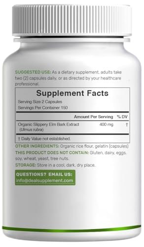 DEAL SUPPLEMENT Slippery Elm Kapseln – 300 Stück, mit Bio-Innenrindenpulver-Extrakt – Natürliches Kraut zur Beruhigung von Hals und Verdauung – Non-GMO