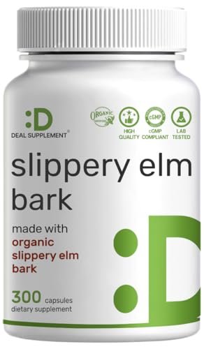 DEAL SUPPLEMENT Slippery Elm Kapseln – 300 Stück, mit Bio-Innenrindenpulver-Extrakt – Natürliches Kraut zur Beruhigung von Hals und Verdauung – Non-GMO