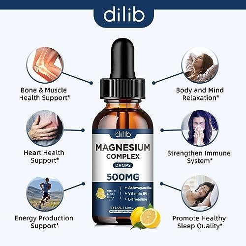 Magnesium Glycinat Flüssig Tropfen - Triple Magnesium Komplex mit Citrat, Malat, Ashwagandha, L-Theanin, Vitamin B6 für Schlaf, Ruhe, Stressabbau, Knochen, Muskeln, Stimmung - Zitronengeschmack
