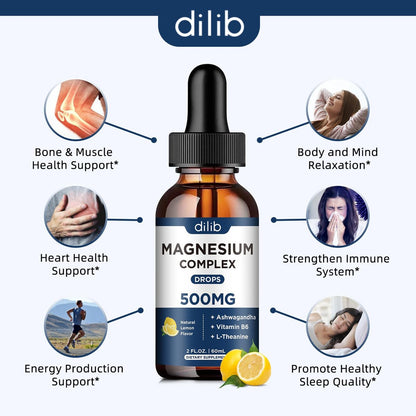 Magnesium Glycinat Flüssig Tropfen - Triple Magnesium Komplex mit Citrat, Malat, Ashwagandha, L-Theanin, Vitamin B6 für Schlaf, Ruhe, Stressabbau, Knochen, Muskeln, Stimmung - Zitronengeschmack