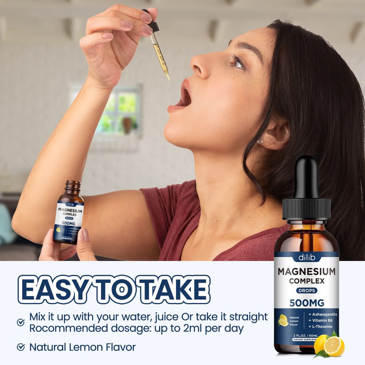 Magnesium Glycinat Flüssig Tropfen - Triple Magnesium Komplex mit Citrat, Malat, Ashwagandha, L-Theanin, Vitamin B6 für Schlaf, Ruhe, Stressabbau, Knochen, Muskeln, Stimmung - Zitronengeschmack