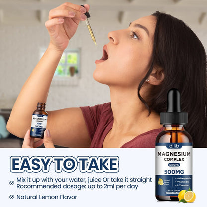Magnesium Glycinat Flüssig Tropfen - Triple Magnesium Komplex mit Citrat, Malat, Ashwagandha, L-Theanin, Vitamin B6 für Schlaf, Ruhe, Stressabbau, Knochen, Muskeln, Stimmung - Zitronengeschmack